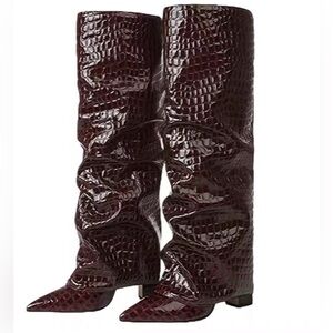 Elegant Burgundy Croc-Embossed Knee-High Boots